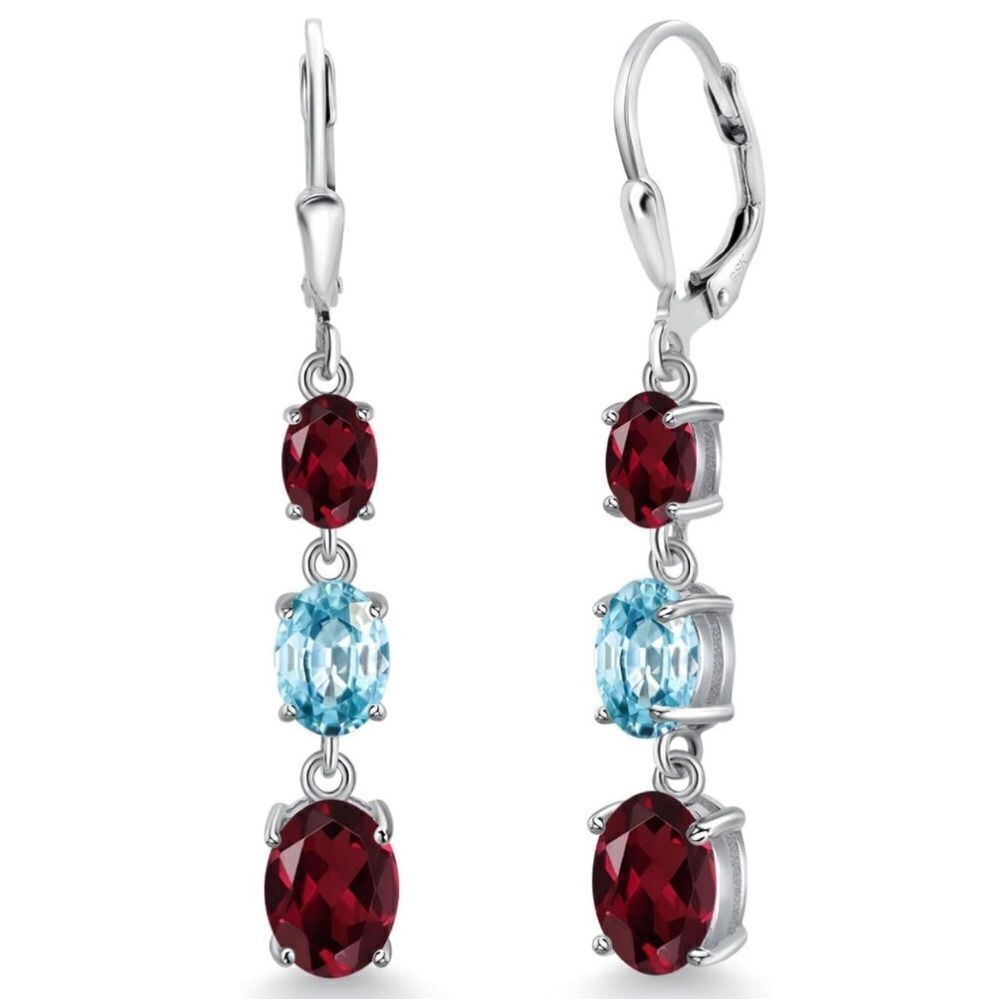 925 Sterling Silver .20 Cttw 3 Stone Rhodolite Garnet and Blue Zircon Earrings